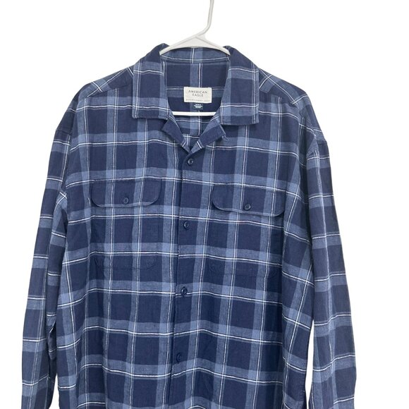 American Eagle Mens Navy Blue Plaid Button-Down Shirt SZ M Long Sleeve Cotton - Picture 10 of 10